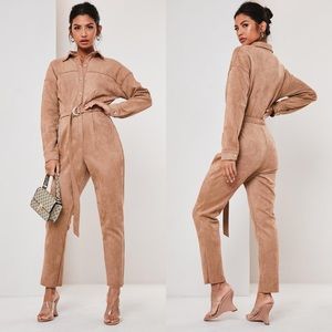 Missguided Tan Faux Suede Utility Jumpsuit